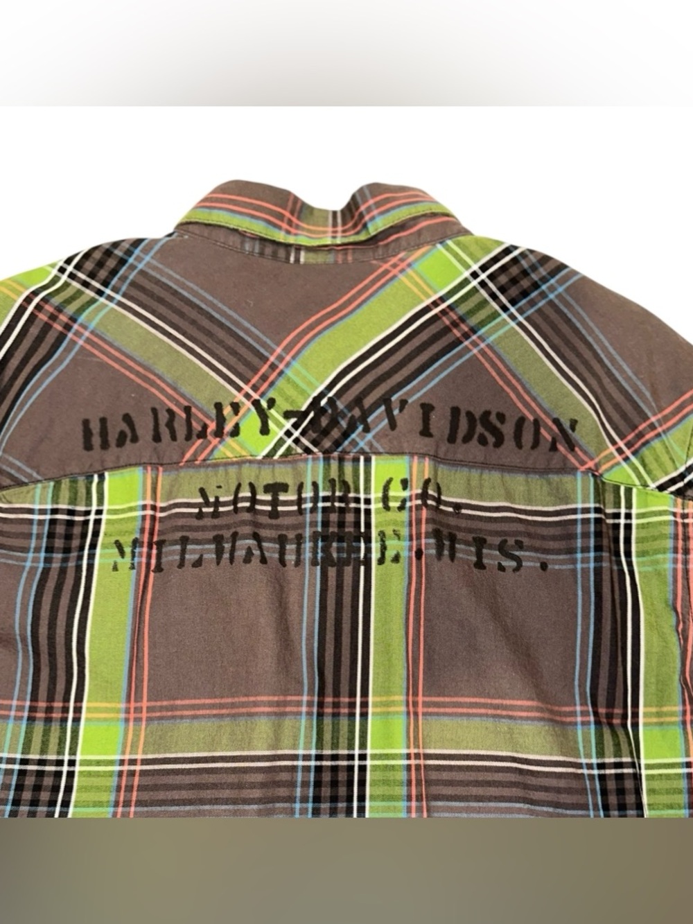Harley Davidson Shirt Stencil Plaid Long Sleeve Button Up Brown & Green Sz L - Picture 5 of 8